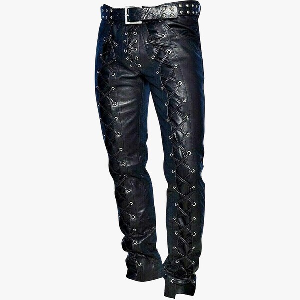 Vorder- und Rückseite geschnürte Hose, Schnürhose für Biker-Abnutzungs-Thema, Herren-Schnürhose, Herren-Echtlederhose, Herrenmode-Schnürhose