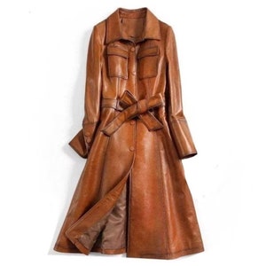 Italian Style Overcoat with Belt, Real Leather Trench Coat, Long Street wear Coat for Women, Maxi Style Genuine Leather Overcoat for Ladies