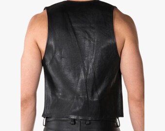 Classic Plain Leather Open Vest With No Buttons for Gents