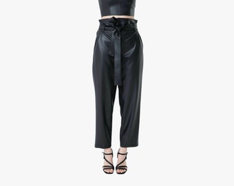 High Waist Belted Leather Pant, Steampunk Faux Leather Belted Pant, Stylish Wide Leather Black Pant for Women