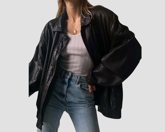 Women Real Genuine Oversized Black Leather Jacket Ladies Upsized