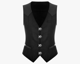 Men Gothic Victorian Style Leather Vest, Handmade Classic Steampunk Leather Vest, Black Biker Leather Vest with Brass Buttons