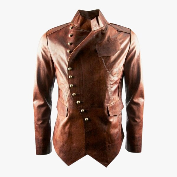 Luxury Men Military Fitted Tan Leather Jacket, Stylish Asymmetrical Front Leather Coat for Men, Unique Style Brown Leather Coat for Party