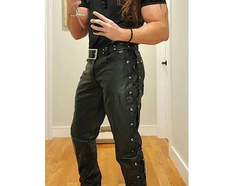 Side Lace Up Leather Pant Mens Black, Handmade Genuine Leather Biker Pant, Leather Trousers, schnürlederhose,