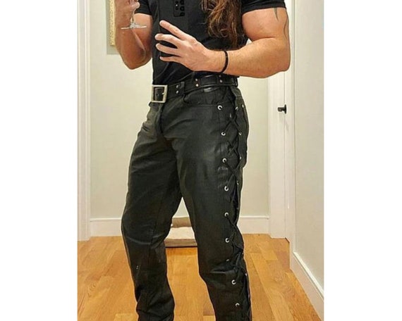 Side Lace up Leather Pant Mens Black, Handmade Genuine Leather