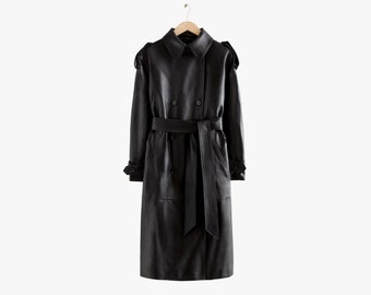 Women Leather Trench Coat with Shirt Collar, Elegant Leather Long Trench Coat, Ladies Genuine Leather Black Double Breasted Oversize Coat