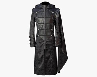 Mens Black Leather Steampunk Trench Coat for Party Wear, Gothic Leather Long Trench Coat, Gents Handmade Black Leather Trench