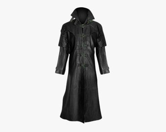 Mens Fashion Gothic Leather Long Coat, Steampunk Leather Buckle Up Trench Coat, Handmade Mens Slim Fit Genuine Leather Trench Coat