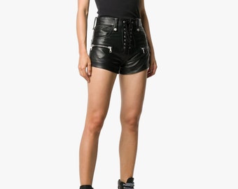 Lace Up Zip Leather Shorts for Women, Handmade Genuine Leather Shorts with Outwear Zipper, Steampunk Front Laced Summer Leather Shorts