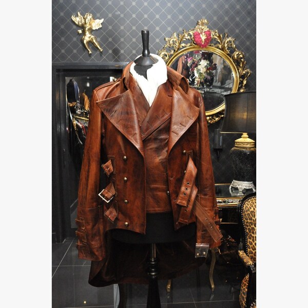 Antiker brauner Dieselpunk-Lederfrack mit Weste, Herren-Echtleder Steampunk Gothic Brown-Militärjacke mit Schwanzrücken