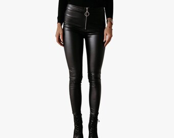 Ladies Skinny Black Leather Tights, High Waist Stretchable Leather Pants, Handmade Leather Party Tights, High Quality Slim Fit Leather Pants