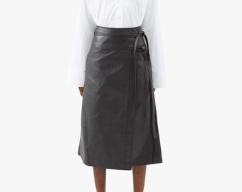 Genuine Leather Double Tie-Waist Skirt, Classic High Waisted Leather Skirt with Double Ties, Handmade Leather Wrap Skirt for Formal Wear