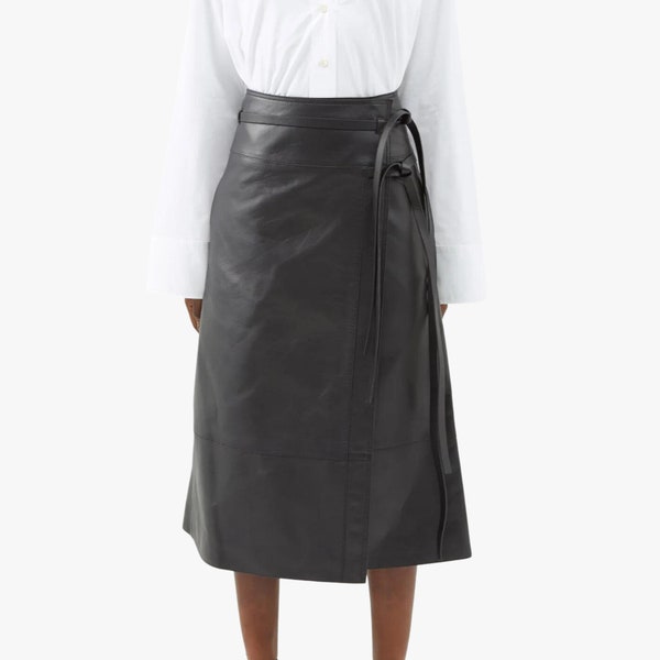 Genuine Leather Double Tie-Waist Skirt, Classic High Waisted Leather Skirt with Double Ties, Handmade Leather Wrap Skirt for Formal Wear