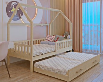 Montessori bed met daaronder een uitschuifbaar bed. Digitaal PDF-plan. Montessori bed twin size, DIY vloerbed, kinderbed, House Bed Frame