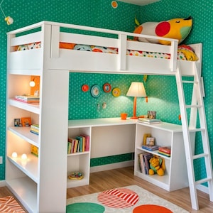Hochbett Pläne | Twin Size DIY Bett mit Bücherregal und Deck | Bauen Sie ein funktionales Loftbett mit Aufbewahrung, Schreibtisch und Regalen | Schritt-für-Schritt-Pläne