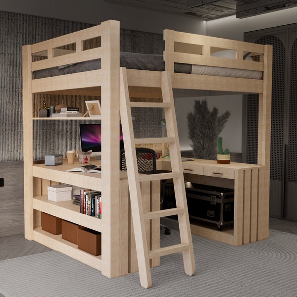 Loft Bed plans. Full size DIY loft bed with desk plan. PDF digital bed plan