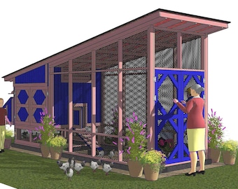 May include: A pink and blue chicken coop with a large fenced-in run. The coop has a wooden door with a blue frame and a diamond pattern. There are several chickens in the run, and a person is opening the door.