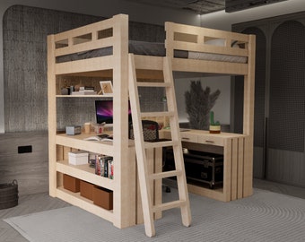 Loft Bed plans. Full size DIY loft bed with desk plan. PDF digital bed plan