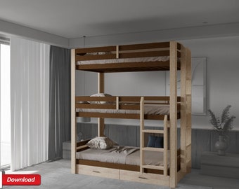 Triple Bunk Bed Plans: Twin Size with Storage (PDF plan)