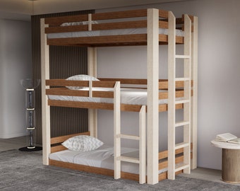 Planos de estructuras de literas triples. Plan de cama alta tipo loft. Plan de camas gemelas de bricolaje. PDF Plan de cama con plataforma. Cama de madera de bricolaje