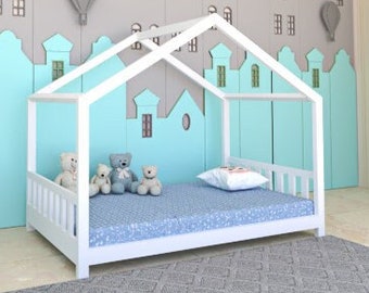Plans de lit Twin XL Size, lit de maison en bois bricolage avec rails pour enfants, lit pour tout-petit, lit de maison de jeu, plan de lit pour tout-petit au sol