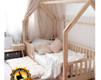 Cama de piso DIY Montessori con Plan de rieles. Plan de cama de la casa tamaño Twin