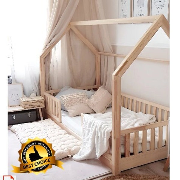 DIY Montessori floor bed with rails Plan. Twin size House Bed plan