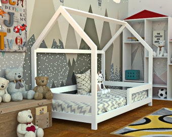 Montessori Bed Full size plans, house bed with railings plan, DIY floor bed, kid's bed blueprints, House Bed Frame project