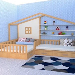 Cama de casa individual para niños, cama Montessori con rieles, marco de  cama de metal para niños y niñas, cama de juegos con techo, cama individual