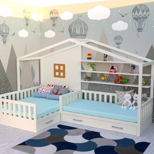 L-Shape nook full & twin bed plan with under bed storage/ Corner full and twin bed plan/kids bed plan/toddler bed plan /child bed plan