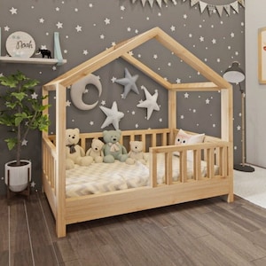 Montessori Floor House Bed Plan , 70x140 cm bed plan, Bed Frame  with railings PDF plans, House Bed Frame PDF