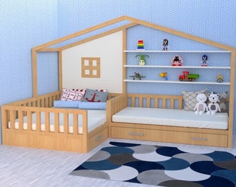 Plan de cama individual con rincón en forma de L/ Cama individual con cajones de almacenamiento/ Plan de cama individual en esquina/plan de cama para niños/plan de cama para niños pequeños con cajones/plan de cama para niños