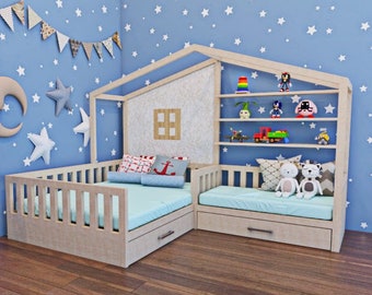 Corner full and crib bed plan with under bed storage/ PDF Digital/ L-Shape nook full & crib bed plan / /kids bed plan/child bed plan