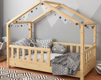 Plano PDF de la cama de la casa Montessori, plano de la cama de 120x200 cm, cama de la casa del niño del marco de la cama con planos de barandillas, cama del piso de bricolaje, marco de la cama de la casa PDF