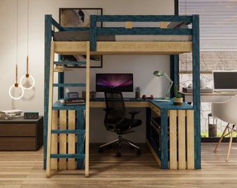 Full size Loft Bed plans. DIY loft bed with desk plan. PDF digital bed plan