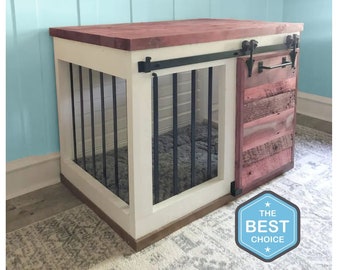 May include: White and red wooden dog crate with a sliding door. The crate is 40 inches long, 30 inches high, and 28 inches deep. The crate has a black metal frame and a black metal handle on the door. The crate is sitting on a white rug. The text "PDF Plan 40"Lx30"Hx28"D" is printed below the crate. The text "THE BEST CHOICE" is printed on a blue hexagon sticker below the crate.