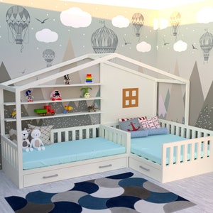 Plan de lit jumeau en forme de L/lit jumeau avec tiroirs de rangement/plan de lit jumeau d'angle/plan de lit d'enfant/plan de lit d'enfant avec tiroirs/plan de lit d'enfant image 5