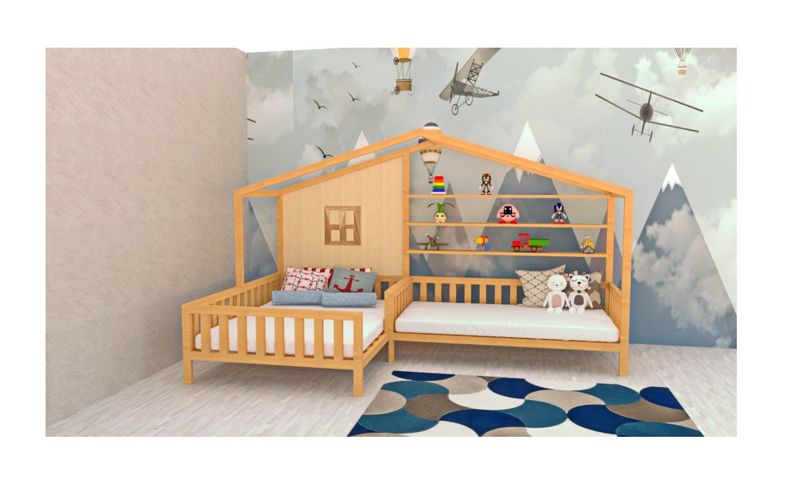 Twin Size House Bed with Rails and Storage Drawers and Desk for Kids, Wood  Montessori Beds with Seat and Shelves, L-Shape Playhouse Tent Corner Bed