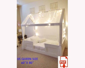 Queen Montessori Bed PDF Plan: DIY House Bed Frame (60x80 in)