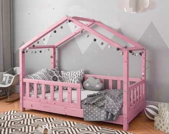 Plan de cama Montessori de tamaño doble, cama de casa con cercas, cama de piso DIY Montessori, cama para niños, proyecto de cama, marco de cama de la casa