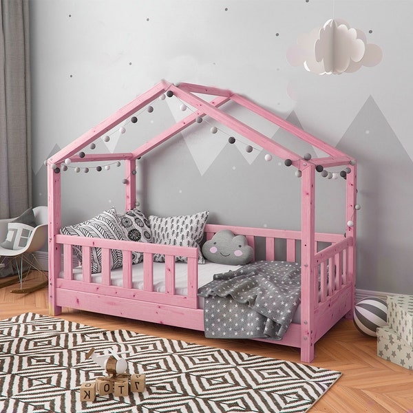 Montessori bed twin size  plan , house bed with fences, DIY Montessori floor bed, kid's bed, bed project, House Bed Frame