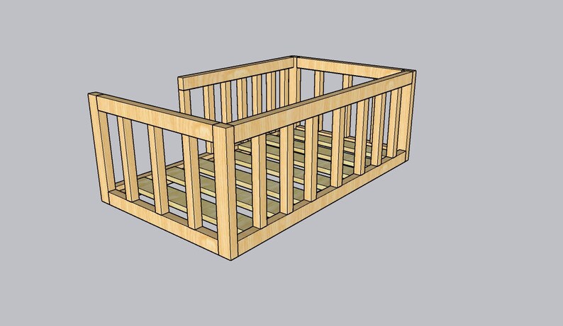 May include: A wooden cot frame with slats and a simple design. The frame is made of unfinished wood and is ready to be painted or stained.