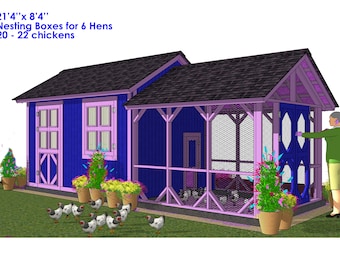 May include: A purple and blue chicken coop with a fenced-in run. The coop has a nesting box area and a separate area for the chickens to roam. The coop is 21'4" x 8'4" and can house 20-22 chickens.