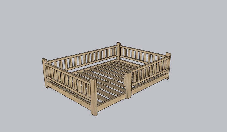 May include: A wooden bed frame with a slatted base and a decorative railing around the perimeter. The frame is made of light brown wood and has a simple, rustic design.