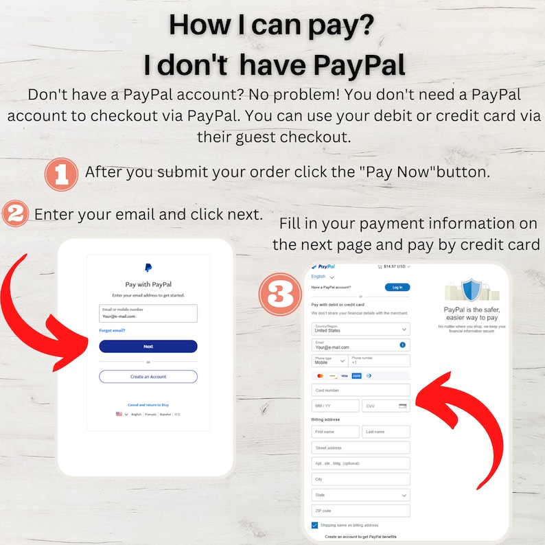May include: A step-by-step guide on how to pay with a credit card on a website that uses PayPal. The guide shows how to enter your email address and click next, then fill in your payment information on the next page. The guide also states that PayPal is the safer, easier way to pay.
