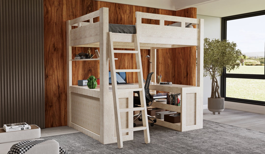 Full Size Loft Bed With Desk Plans Stepbystep Guide Etsy