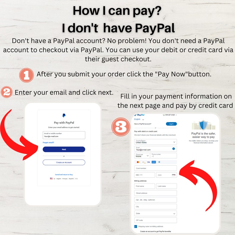 Pu&ograve; includere: Una guida passo passo su come pagare con una carta di credito su un sito web che utilizza PayPal. La guida mostra come inserire il tuo indirizzo email e fare clic su successivo, quindi compilare le tue informazioni di pagamento sulla pagina successiva. La guida indica anche che PayPal &egrave; il modo pi&ugrave; sicuro e semplice per pagare.