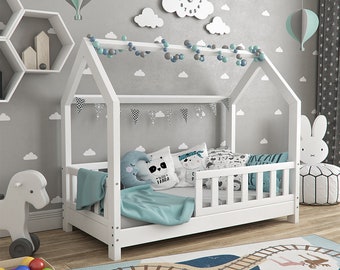 Cama de casa tamaño niño (cuna) con listones y cercas Plan PDF, plan de cama Montessori, cama de piso de bricolaje, cama para niños, proyecto House Bed Frame