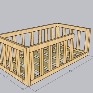 May include: A wooden bed frame, measuring 31 inches by 56 inches. The frame is made of unfinished wood and has a slatted design.