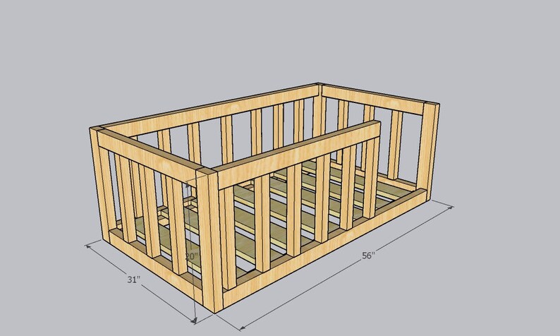 May include: A wooden bed frame, measuring 31 inches by 56 inches. The frame is made of unfinished wood and has a slatted design.